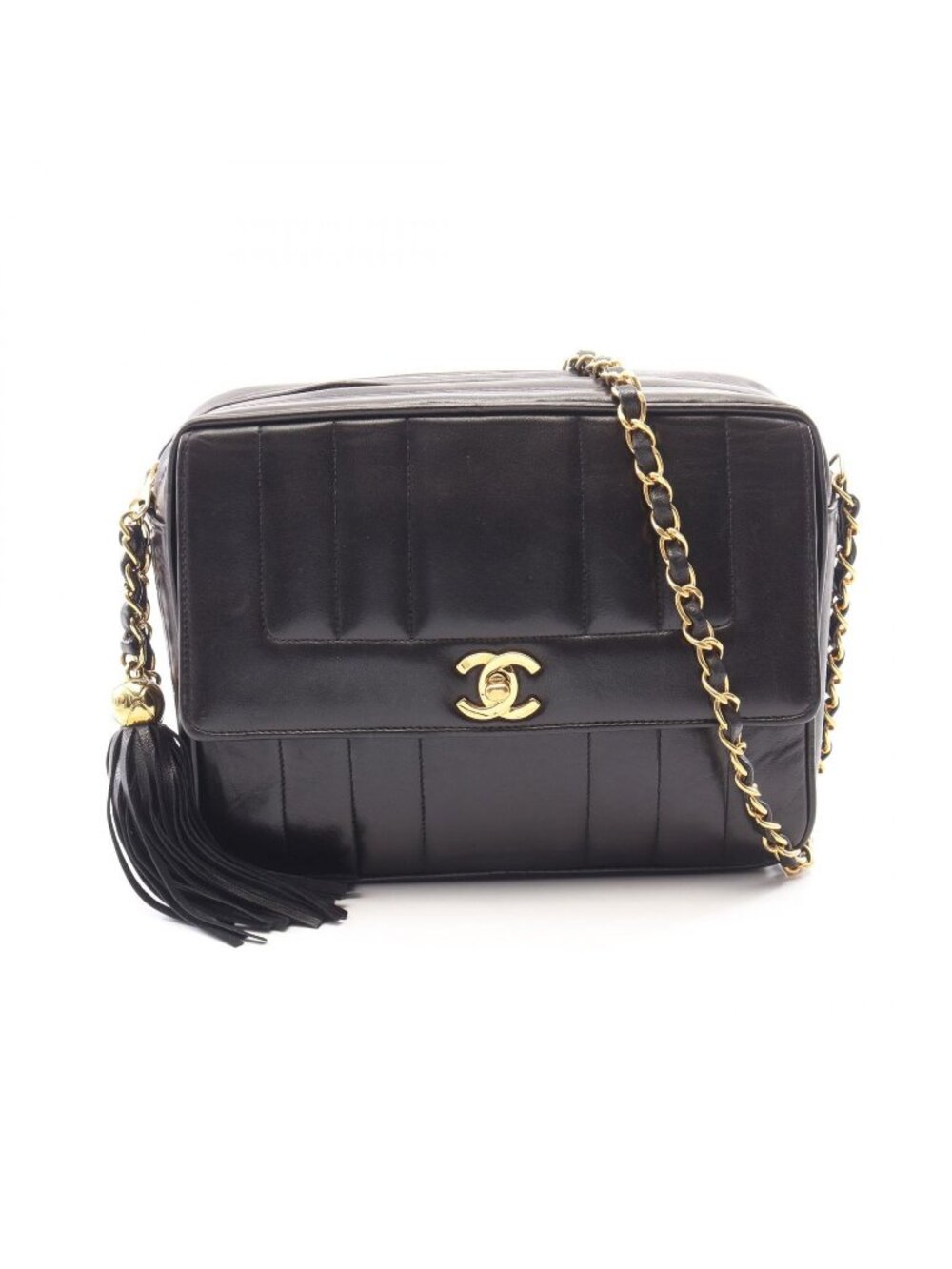 Chanel Shoulder Bag Mademoiselle Black Lambskin Fringe Chain